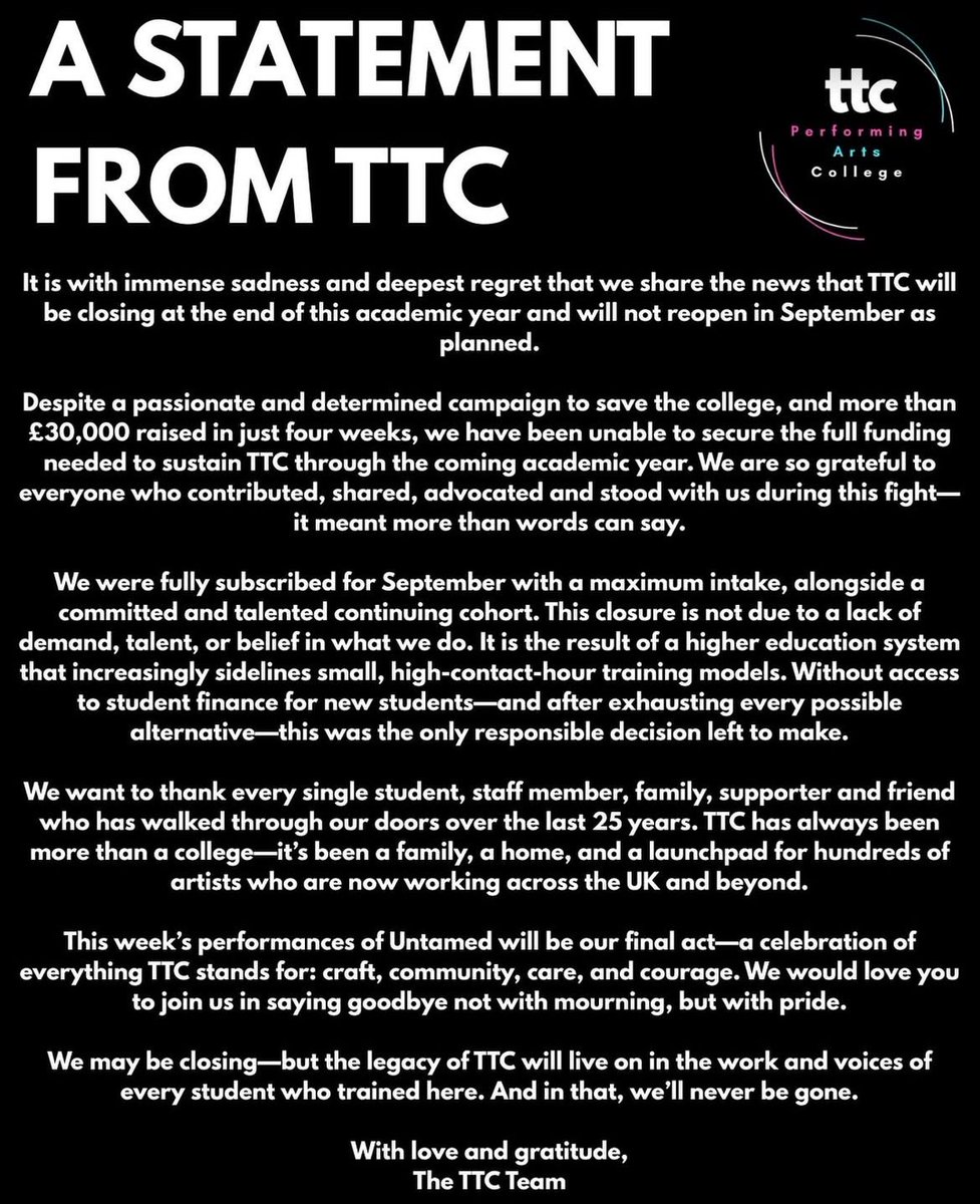 Sending all the love to Phil &amp; all at TTC. The college was viable - it’s the funding model that was broken. This was entirely avoidable. One more successful college gone.