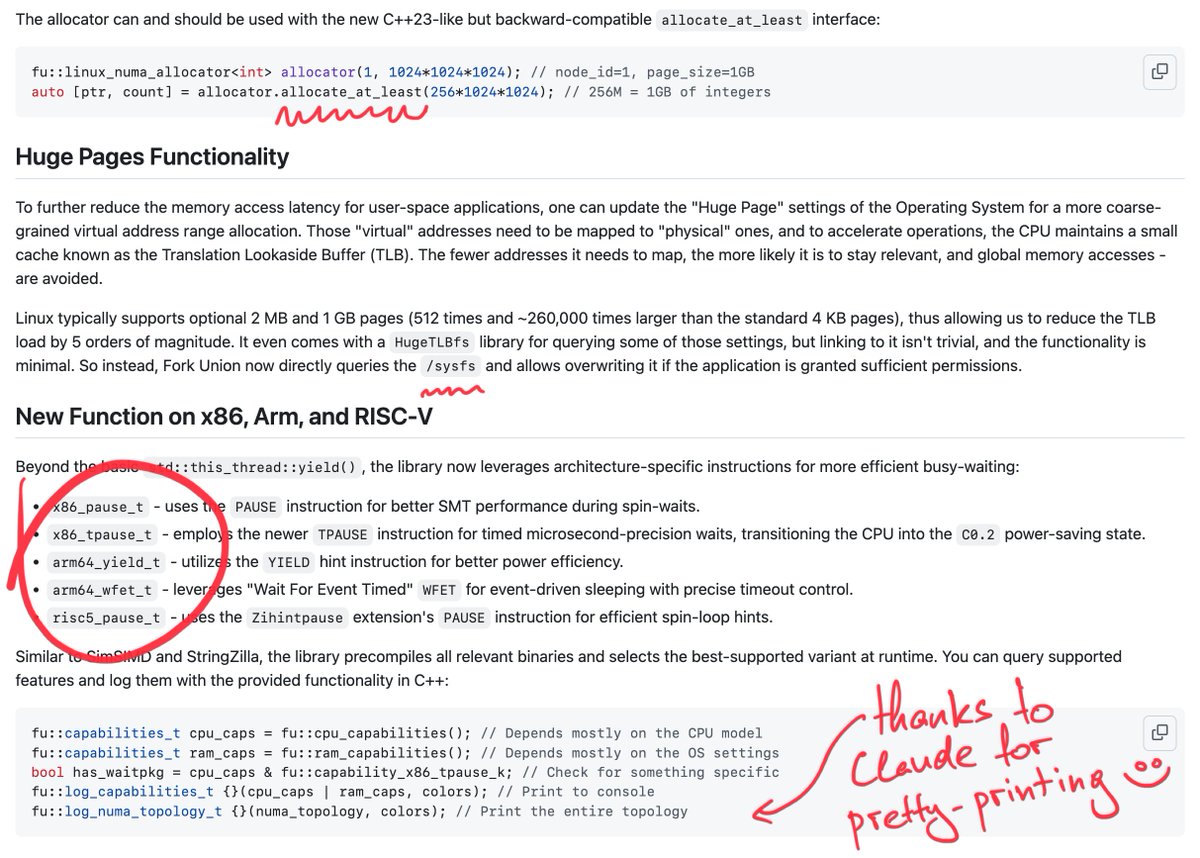 ashvardanian's tweet image. Just released new parallel primitives for SMT: NUMA-aware, Huge Pages friendly, and using hardware-specific busy-waiting (like TPAUSE, WFET). Dynamic dispatch included 🤗
Needs tuning, but the core is solid – Fork Union v2 is out: github.com/ashvardanian/f…