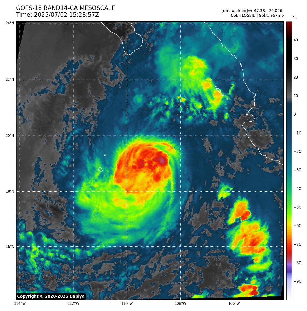 HurricaneWatch8's tweet photo. Hurricane #Flossie has passed its peak intensity in the Eastern Pacific. While still a strong Cat 2 hurricane with 110 mph winds, a steady weakening trend is now expected as it moves over cooler water. Forecast to become a post-tropical low by late Thursday.
#Hurricane #Weather https://t.co/cvJMCeOOtJ