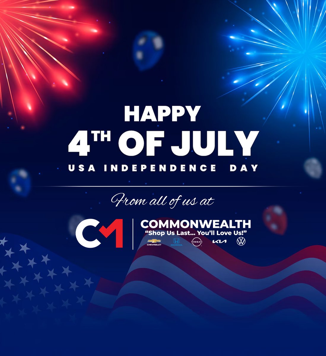 🎇 Happy 4th of July from all of us at Commonwealth Motors! We're celebrating Independence Day with gratitude for our amazing community. We’re closed today—see you tomorrow for unbeatable summer savings! 🇺🇸
#Happy4th #IndependenceDay #LawrenceMA #ShopUsLast
