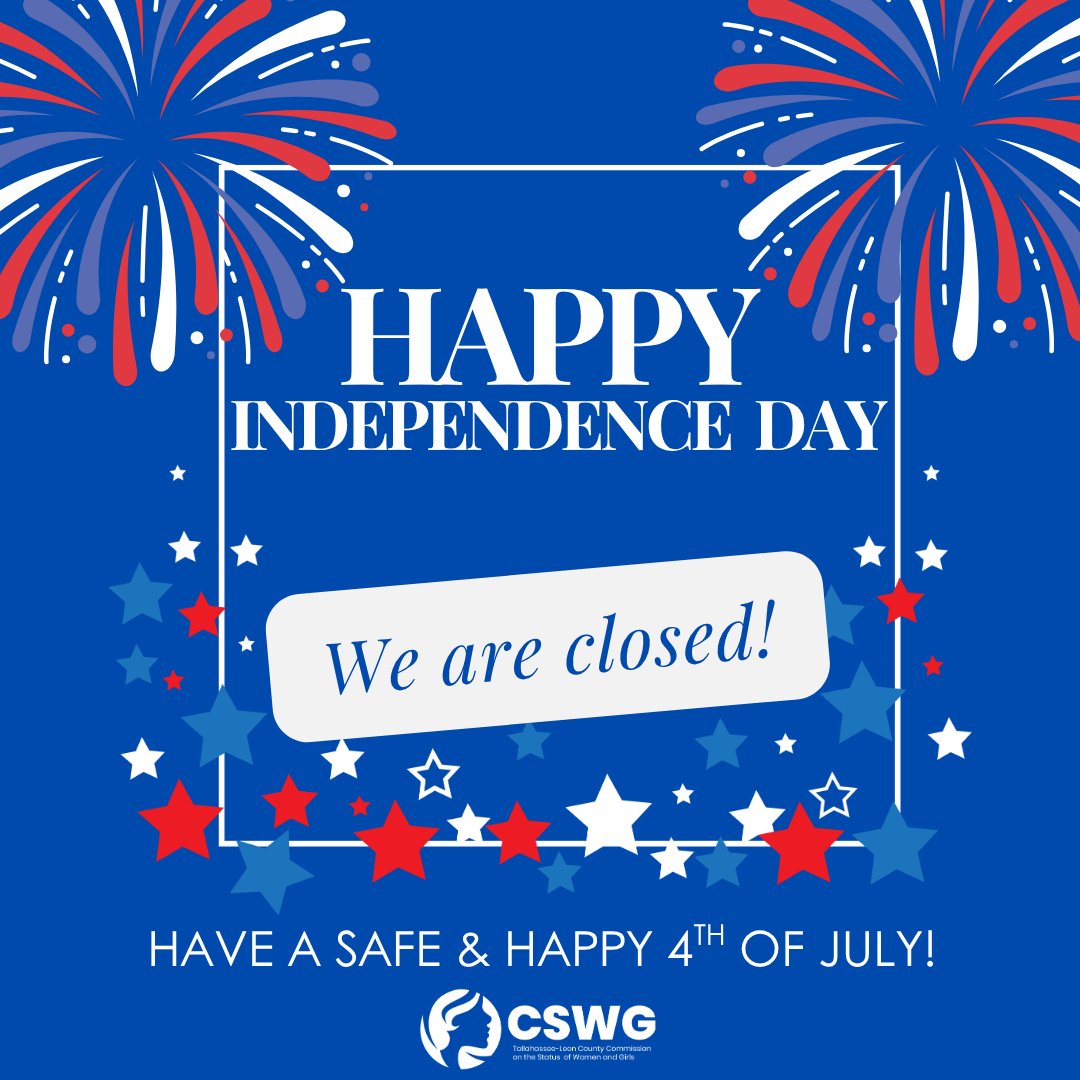 Tallahassee/Leon County CSWG (@tlhleoncswg) on Twitter photo Happy 4th of July! 🎆
Today we celebrate independence, community, & the ongoing fight for freedom, equality, and justice for all. 💙❤️ #4thofJuly
Join the <a href="/CityofTLH/">City of Tallahassee</a> Celebrate America festivities from 6-10pm at Tom Brown Park.
Find all the details here: talgov.com/parks/july4 Happy 4th of July! 🎆
Today we celebrate independence, community, & the ongoing fight for freedom, equality, and justice for all. 💙❤️ #4thofJuly
Join the <a href="/CityofTLH/">City of Tallahassee</a> Celebrate America festivities from 6-10pm at Tom Brown Park.
Find all the details here: talgov.com/parks/july4