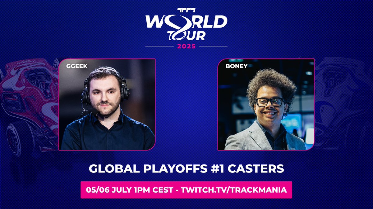 🔥We're thrilled to welcome <a href="/TMGGeek/">Thomas 'GGeek' Mengozzi</a> and <a href="/BoneyCTwitch/">Boneyc</a> to kick off the first Global Playoffs.

🎙️The renowned duo will bring you live coverage and alnalyze of the best matches from the competition on July 5th &amp; 6th on the Trackmania Twitch channel: twitch.tv/trackmania