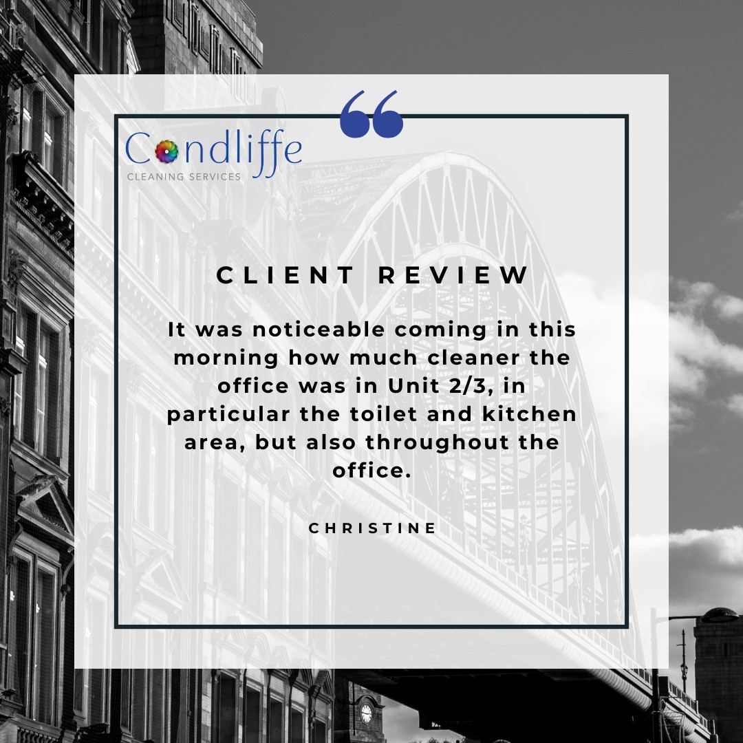 "I just wanted to pass on some nice comments for the new cleaner. It was noticeable coming in this morning how much cleaner the office was in Unit 2/3, in particular the toilet and kitchen area, but also throughout the office."

condliffecleaning.co.uk #commercialcleaning