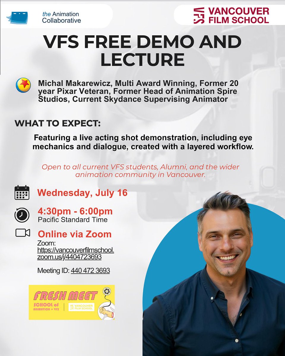 animationcollab's tweet image. Free Animation Demo! Join Michal Makarewicz (20 yrs @ Pixar) for a live online acting shot breakdown—eye mechanics, dialogue & layered workflow.
🗓️ July 16 | ⏰ 4:30–6pm PST
📍 Zoom: vancouverfilmschool.zoom.us/j/4404723693
Open to VFS + Van animation community!
#AnimationDemo #VFS