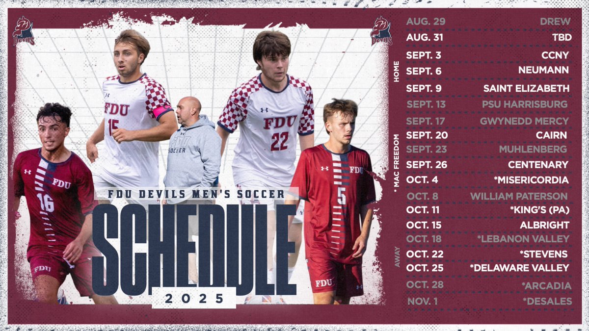 FDUDevils's tweet image. SCHEDULE RELEASE | Men's Soccer Ready to Kick Off the 2025 Season!
Full Release: tinyurl.com/ycxhpf3z
#HornsUp #HeatsRising