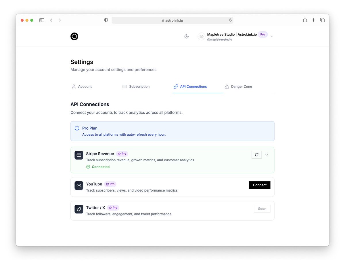 jakemapletree's tweet image. astrolink.io API connections are here
YouTube ✅ Stripe ✅ X integration ⏳