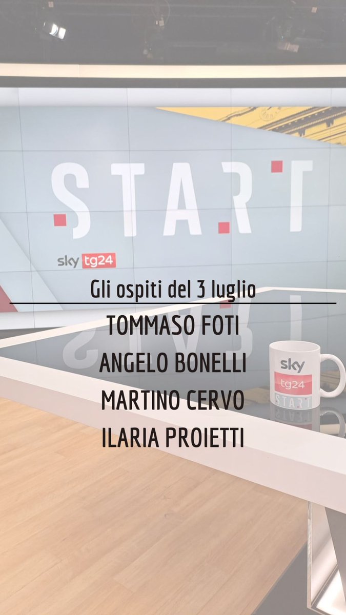 Giovanna Pancheri (@giopank) on Twitter photo Domani a #Start saremo con <a href="/TommasoFoti/">Tommaso Foti</a>, <a href="/AngeloBonelli1/">Angelo Bonelli</a>, <a href="/martinocervo/">Martino Cervo</a> e Ilaria Proietti <a href="/fattoquotidiano/">Il Fatto Quotidiano</a>.
Come sempre in onda dalle 9:30 su <a href="/SkyTG24/">Sky tg24</a>. Vi aspetto! Domani a #Start saremo con <a href="/TommasoFoti/">Tommaso Foti</a>, <a href="/AngeloBonelli1/">Angelo Bonelli</a>, <a href="/martinocervo/">Martino Cervo</a> e Ilaria Proietti <a href="/fattoquotidiano/">Il Fatto Quotidiano</a>.
Come sempre in onda dalle 9:30 su <a href="/SkyTG24/">Sky tg24</a>. Vi aspetto!