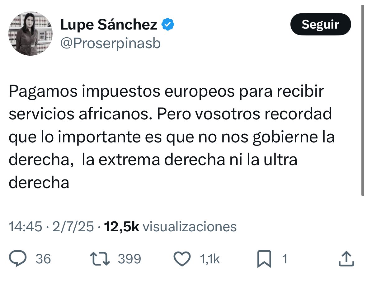 Está Sra tan ilustrada no debe saber lo que son servicios africanos. La quería ver yo en Argelia o en Túnez, o Marruecos, que está más cerca. Como la derechona juega siempre con la demagogia de los impuestos. Un botoncito.