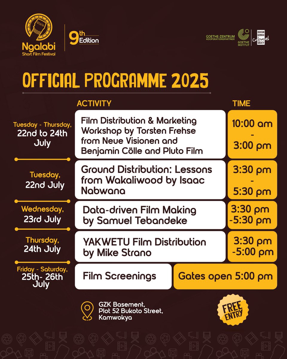 🎬 Ngalabi Short Film Festival 2025 is here!
5 days of bold films, expert workshops &amp; powerful convos on African cinema.

🗓️ 22–26 July
📍 Goethe-Zentrum Kampala
🎟️ Free Entry

#Ngalabi2025 #ShortFilmFestival #KampalaCinemaCulture
