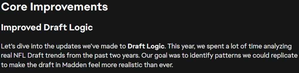 PAPAxC4's tweet photo. Improved Draft Logic In Madden 26 to make it more realistic than ever......still no CPU->CPU draft day trades. Screaming for this change. I wanna see CPU QB needy teams make a blockbuster trade to pick 1. I wanna be randomly leap frogged by the CPU for players. https://t.co/9auivCZUGr