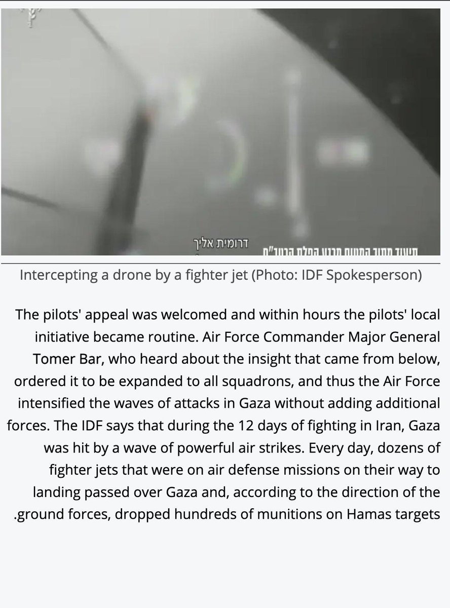 temoris's tweet photo. Tras los bombardeos contra Irán, muchos aviones israelíes regresaban sin haber agotado sus misiles. ¿Qué hacer con los explosivos restantes? Los pilotos tuvieron una gran idea: arrojarlos en Gaza. De todos modos, tenían que volar sobre ella para aterrizar. A sus superiores les pareció perfecto.

Esto no fue producto de una investigación periodística: la Fuerza Aérea quiso que lo publicara el periódico israelí Maariv:

“El comandante de la Fuerza Aérea, mayor general Tomer Bar, al enterarse de la información recibida desde abajo, ordenó que se extendiera a todos los escuadrones, y así la Fuerza Aérea intensificó las oleadas de ataques en Gaza sin aumentar el número de efectivos. Durante los 12 días de combates en Irán, Gaza fue golpeada por una oleada de potentes ataques aéreos. Diariamente, decenas de aviones de combate en misiones de defensa aérea, camino de aterrizar, sobrevolaban Gaza y, siguiendo las instrucciones de las fuerzas terrestres, lanzaban cientos de municiones contra objetivos de Hamás”.

Contra objetivos improvisados. Contra lo que fuera: lo que ocultan es que, para ellos, Gaza entera es un objetivo de Hamás.

Aquí está el reportaje de Maariv: https://t.co/oln4u4zKLs