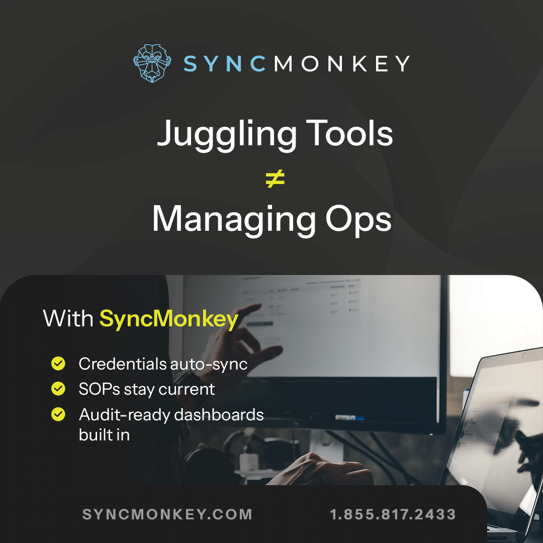 syncmonkey's tweet photo. Still juggling spreadsheets and scattered tools?

You’re not in control, you’re in crisis mode.
Disjointed docs are a liability.

SyncMonkey solves it:
✅ Syncs credentials, SOPs, logs, compliance
✅ One secure hub with zero guesswork
✅ Easier audits, faster teams, more trust https://t.co/O53q57mteC