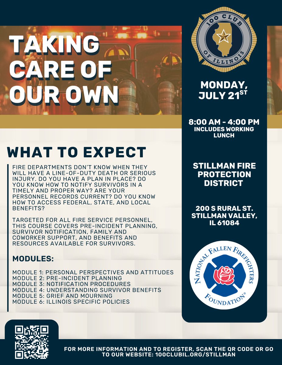 Attention firefighters &amp; fire departments! 

Join the 100 Club of Illinois &amp; IL Fire Chiefs Funeral Committee for a training on pre-incident planning, survivor notification, support resources, and more for the fire service community. 

100clubil.org/first-responde…

#100ClubIL #Fire