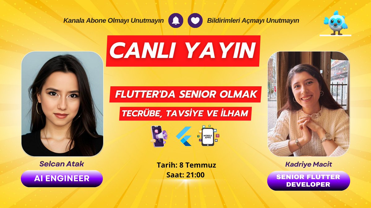 🎙️ Flutter, kariyer, teknoloji üzerine dopdolu bir canlı yayın geliyor.✨

🗓 Tarih: 8 Temmuz
📷 Saat: 21:00
🔴 İzlemek isteyenler için linki bırakıyorum: ytbe.app/go/lTGofWAm

🙌 Salı akşamı canlı yayında buluşmak üzere.