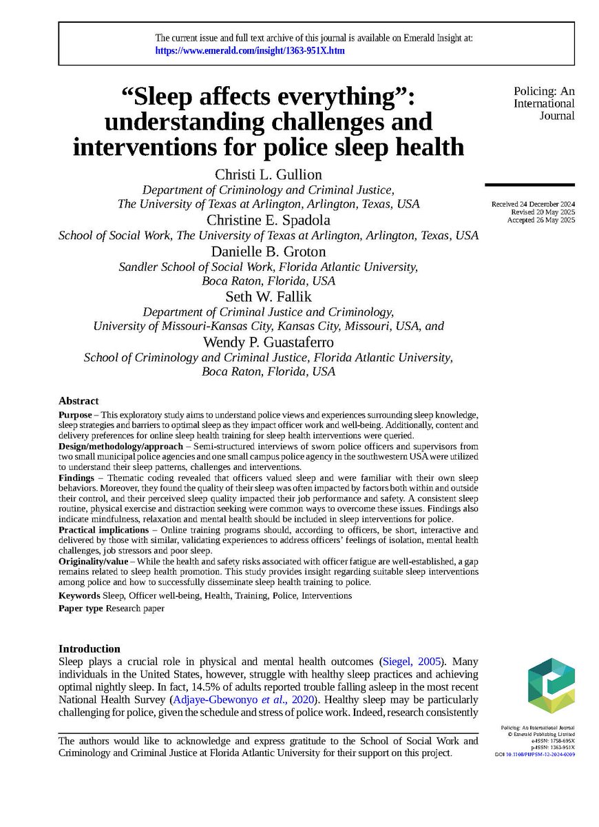 W/ <a href="/ChristiGullion/">Dr. Christi Gullion</a>, Christine Spadola (<a href="/utalibarts/">UTA Liberal Arts</a>), Dani Groton, &amp; Wendy Guastaferro (<a href="/fausocialworkcj/">Florida Atlantic - Social Work & Criminal Justice</a>),  an article (@RooCjc <a href="/UMKCSHSS/">UMKC School of Humanities and Social Sciences</a> <a href="/UMKC/">UMKC</a>) titled “Sleep affects everything”: Understanding challenges and interventions for police sleep health” was published in <a href="/PolicingJournal/">Policing: An International Journal</a>