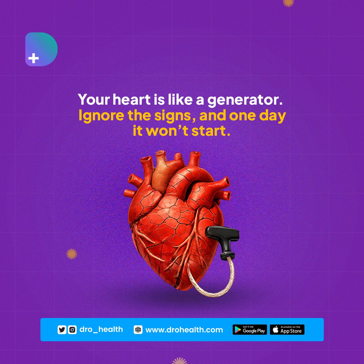 DRO_Health's tweet photo. Ever notice how a generator starts acting up when you skip maintenance? It still runs, until one day, it doesn’t.

Your heart works the same way. Uncontrolled blood pressure quietly wears it down.

DRO Health helps you track your vitals to stay ahead.

Download the app to begin: https://t.co/sEMACSqB2G