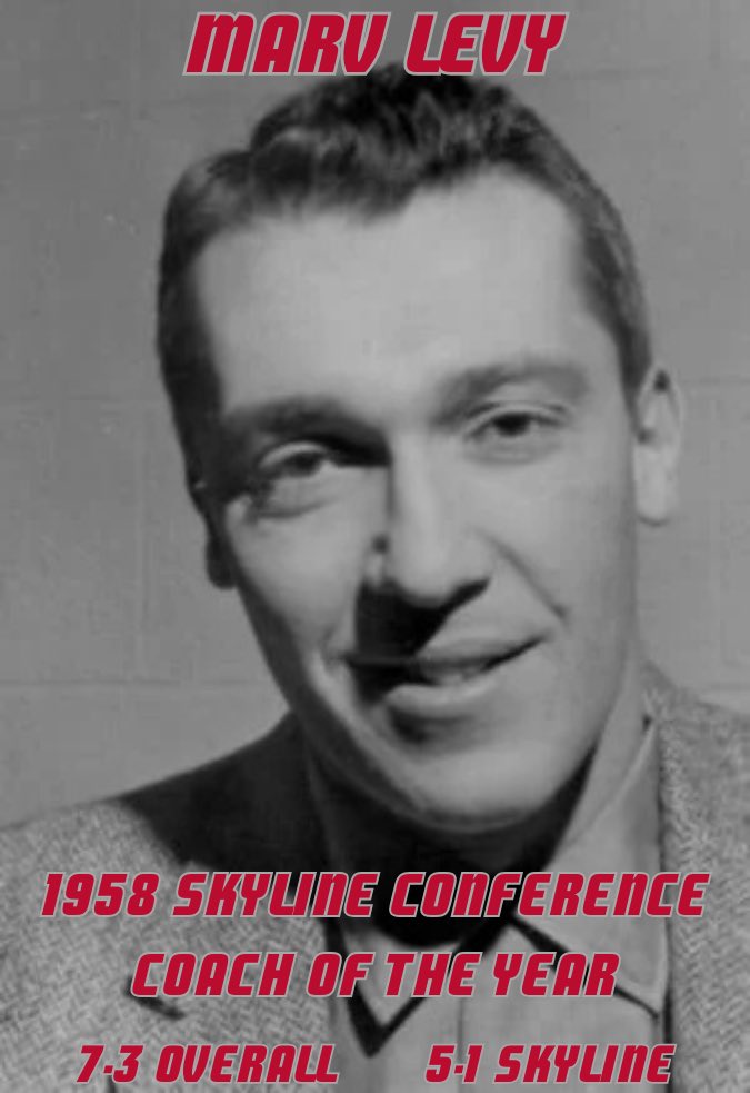 The second of only 4 Lobo Football Head Coaches to be named Conference Coach of the Year was Pro Football Hall of Famer Marv Levy. Levy was named Skyline Coach of the Year in 1958 after leading the Lobos to a 7-3 record (5-1 Skyline). Levy spent 2 years as UNM Head Coach, 10