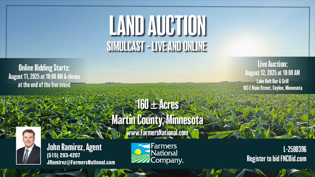 FarmersNational's tweet photo. #Land Auction!
Simulcast - live and online.
160 acres in Martin County, #Minnesota.

Highly productive #farmland! Crop productivity index of 92. Nearly all #tillable land.

🔗https://t.co/fp45yjNT4D https://t.co/9AnJTCh6lR