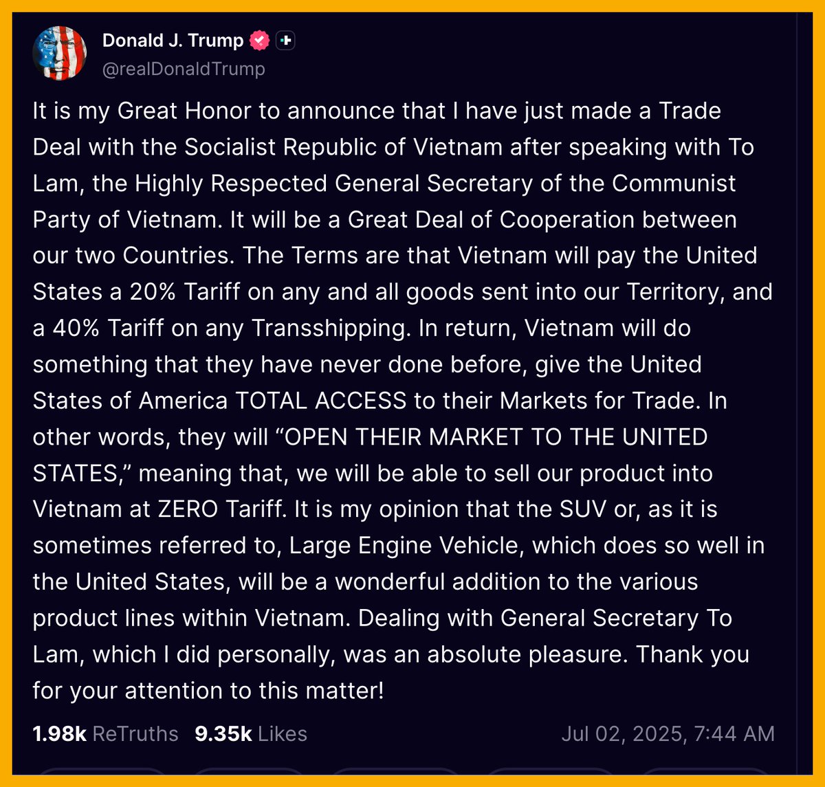 JUST IN: 🇺🇸🇻🇳 President Trump announces new trade deal with Vietnam.