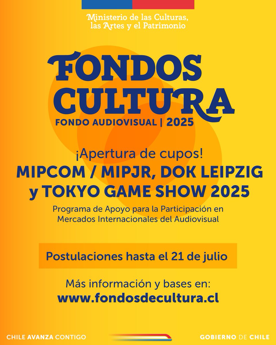Ya están abiertas las postulaciones al Programa de Apoyo para la Participación en Mercados Internacionales 🎮📺🎞️

👉 MIPCOM / MIPJR 
👉 DOK Leipzig 
👉 Tokyo Game Show

📅 Postula hasta el 21 de julio a las 17:00 hrs.

📲fondosdecultura.cl/area/programas…