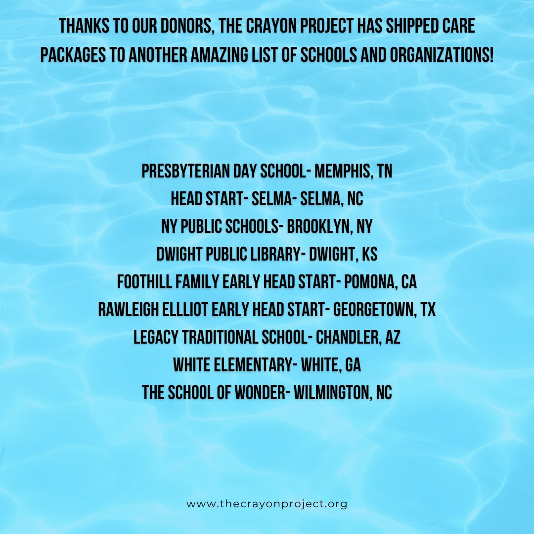 Thanks to our donors, The Crayon Project has shipped care packages to another amazing list of schools and organizations!

Help us reach more classrooms and organizations by making a tax-deductible donation at thecrayonproject.org/donate today!

#memphis #selma #brooklyn #NYC #kansas