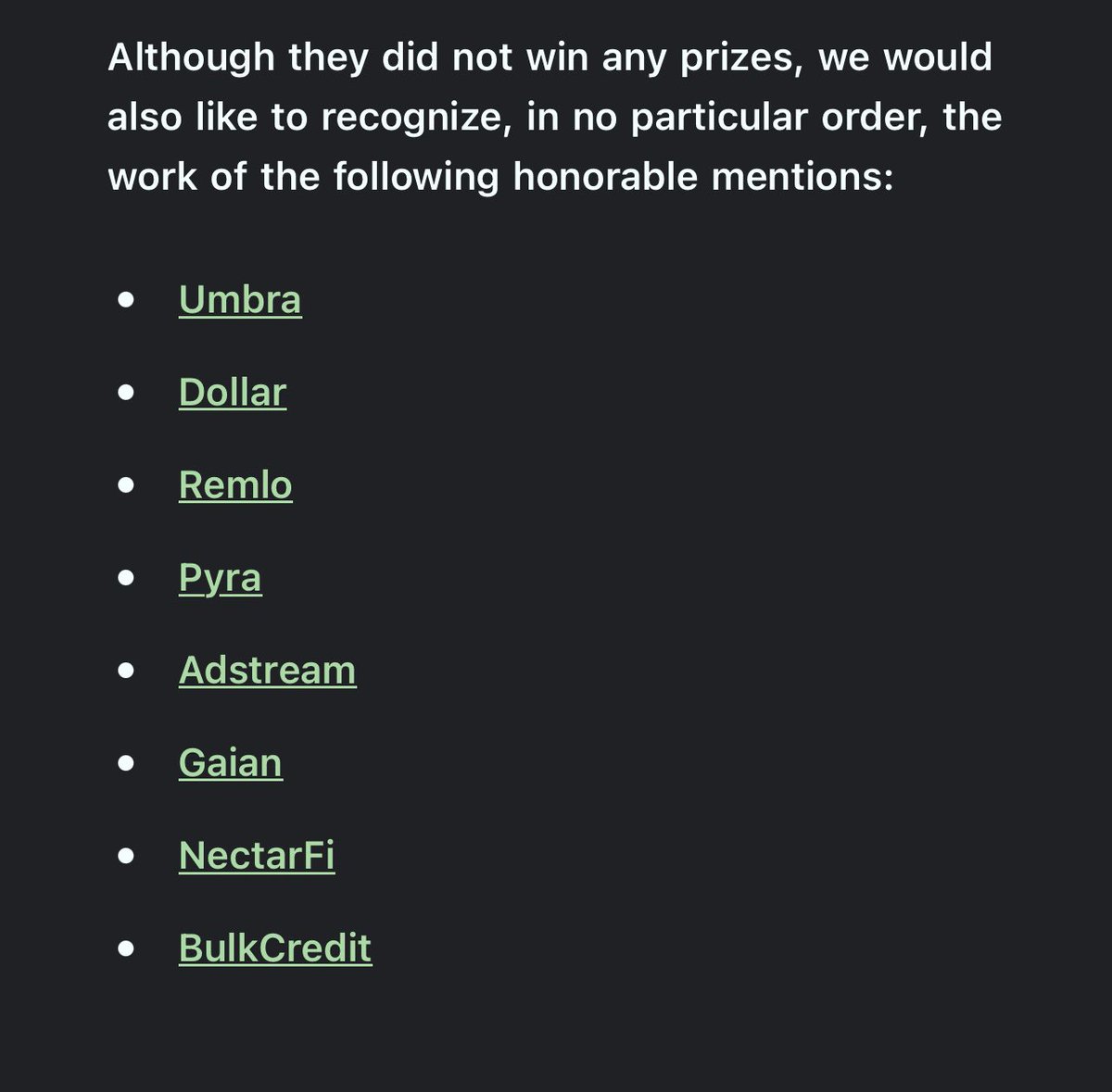 .<a href="/Nectar_finance/">NectarFi🐝</a> got notable mention for stablecoins track 

<a href="/SuperteamNG/">Superteam Nigeria</a>