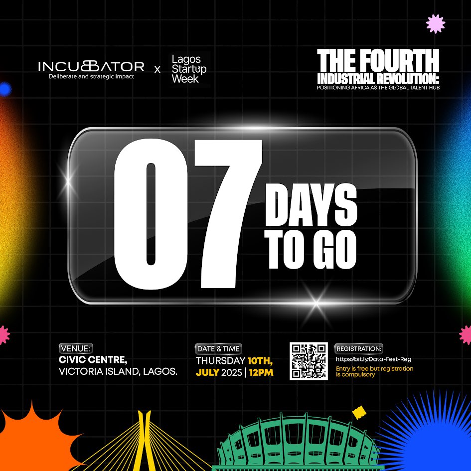 theincubator_ng's tweet photo. Only 7 days to go until we explore the future of innovation at Lagos Startup Week. 

Join us at the Civic Centre, Victoria Island on Thursday, July 10th, 2025, at 12 PM.

Register now to secure your spot! (https://t.co/IFpdA5E1tr)

#theincubatorhub #digitalskillup #dsa #LSW25 https://t.co/3JUSRCpx85