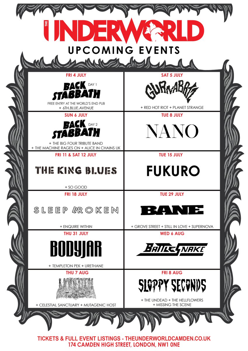 TheUnderworld's tweet image. INCOMING & 20 NEW๐คโก๏ธ bit.ly/UWMS0702
๐ธ Feat. @STYGoc @NanoNano_me @Fukuro_Official @KingBluesBand @UndeathNY & more
๐ฃ New @officialTSOL @ToTheGraveAU @AtheistBand @HeartAttackMane @Sinsaenum @ConjurerUK @StillRemains @KarenDioXX & more
๐ theunderworldcamden.co.uk