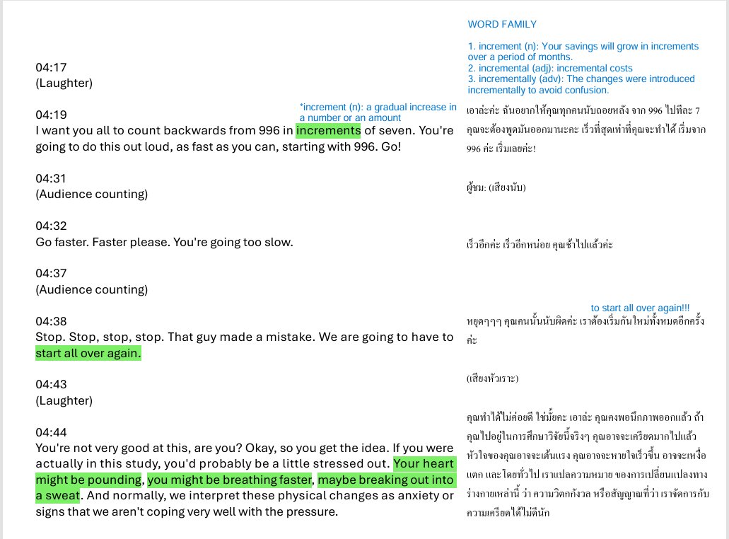 ฟัง TED Talk แค่ 15 นาที แต่เราอาจจะได้เรียนรู้อะไรมากกว่าแค่การฟังค่ะ

📽️: วิดีโอความยาว 14-15 นาที
🗒️: Transcripts ก๊อปลง MS Word ⁓ 5-6 หน้า (แบบให้มีพื้นที่โน้ตแถบด้านขวา)

📍ถ้าดูเฉพาะ transcript 4-5 หน้าก็ดูเหมือนเยอะนะคะ แต่ใช้เวลาฟัง/ดูแค่ 14-15 นาทีเอง