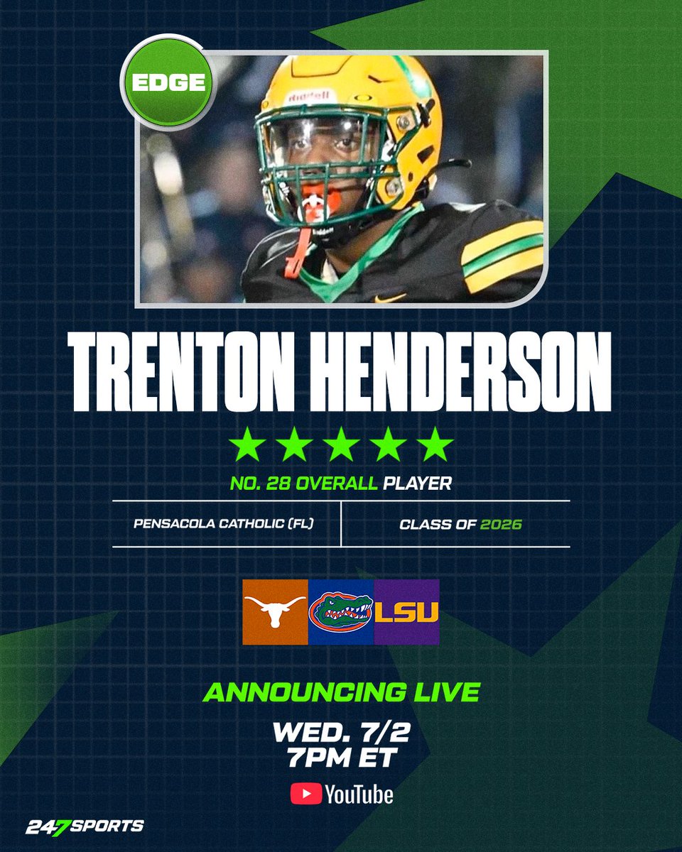 WATCH: 5-star EDGE Trenton Henderson, the No. 28 overall player, will announce his college commitment today LIVE on 247Sports 🚨

Henderson will decide between Texas, Florida, and LSU

<a href="/THenderson26/">Trenton Henderson 5⭐️ Edge</a> X <a href="/247recruiting/">247Sports Recruiting</a> 

⏰: 7PM ET / 6PM CT
📺: youtube.com/live/qjpsUYziy…