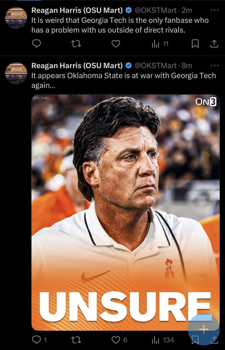 *Calls us out for “copying” a traditional looking jersey set* 

*GT twitter responds accordingly* 

*Makes multiple post saying we have a problem with OSU and that it’s weird*

Do the fans in Stillwater not understand when they call out a fanbase it starts beef?