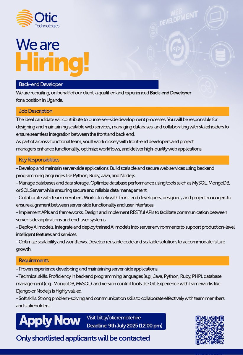 OticGroup's tweet image. 💼 We are hiring!
Otic Technologies on behalf our client is seeking an AI Engineer and Backend Developer with hands-on expertise in computer vision and model deployment.
If you’ve worked with Convolutional Neural Networks, YOLO, and have experience bringing AI models into…