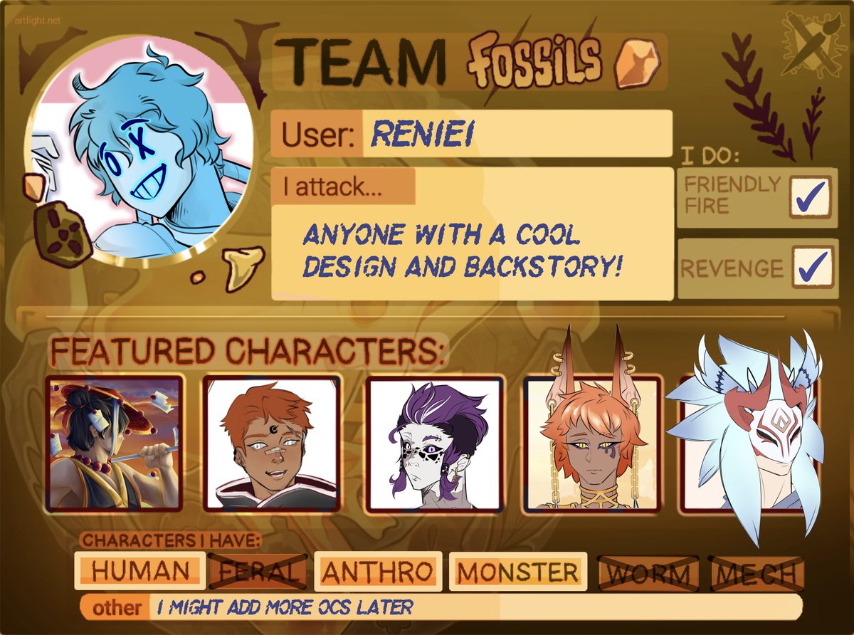 HAHAAAAA FORGOT TO PLOF THIS HERE
artfight.net/~Reniei

#artfight2025 #artfight #artfightteamfossils
