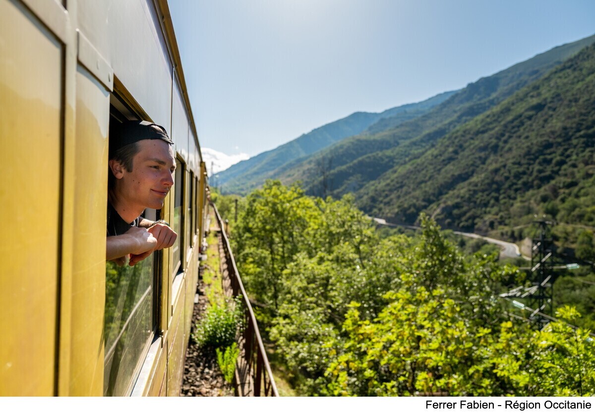 Occitanie's tweet photo. Le #TrainJaune à 5€, c’est tout l’été 💛
Jusqu’au 31 août, cet itinéraire mythique des #PyrénéesOrientales fait vivre une expérience unique, à petits prix. Une occasion de découvrir des paysages somptueux à bord d’une ligne de #train historique.
🎫 https://t.co/7PlwqLM9MD https://t.co/oZ1wwz1QWj