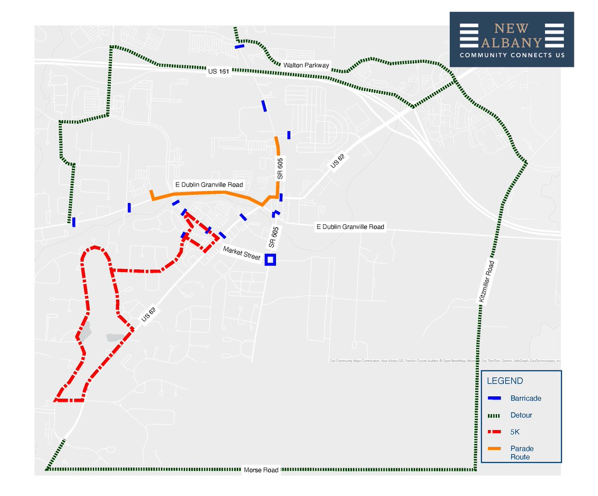 Drivers should expect delays on the morning and early afternoon of Independence Day due to the annual Independence Day 5K and parade. To view all detour information, please visit: bit.ly/3In4qjc

#NewAlbanyOhio