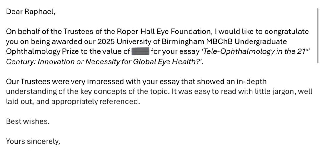 Very proud to find out that I’ve been awarded the Roper-Hall Ophthalmology Prize this year at <a href="/UoBMBChB/">UoBMBChB</a>!