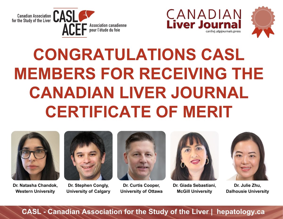 CASLupdates's tweet image. Congratulations CASL members for receiving the Canadian Liver Journal Certificate of Merit! 👏🏅
Natasha Chandok, @WesternU
Stephen Congly @sconglymd, @UCalgaryMed
Curtis Cooper, @uOttawa @uOttawaMed
@GiadaSebastiani, @mcgillu
Julie Zhu, @DalhousieU