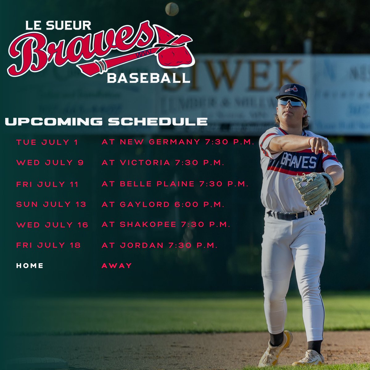 LeSueurBraves_'s tweet photo. With field renovations starting at Bruce Frank your Le Sueur Braves will finish off the season on the road for the month of July. https://t.co/WtCNC7RTTy