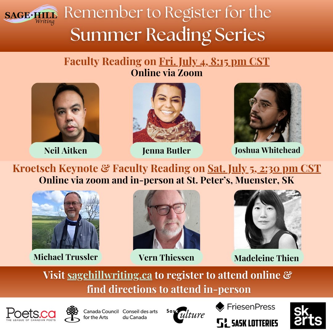 Remember to register for the Summer Reading Series!
Events are free and open to the public.

July 4th @ 8:15 PM CST
Online via Zoom

July 5th @ 2:30 PM
Online via Zoom and in-person

Visit sagehillwriting.ca to register to attend online &amp; find directions to attend in person.