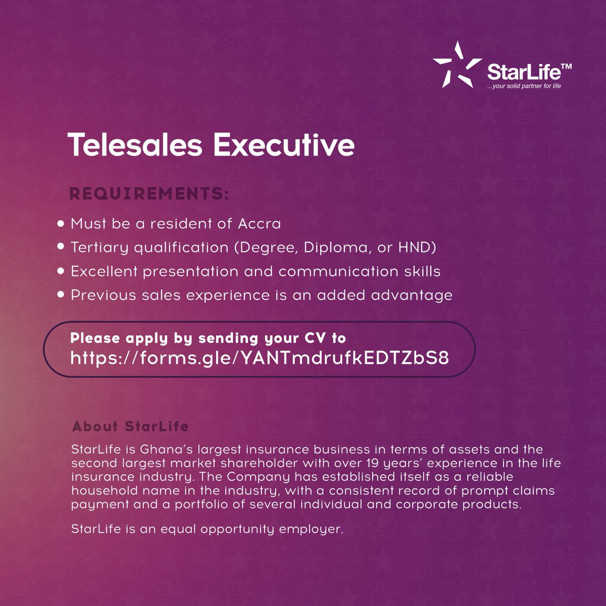 We’re hiring!
Are you persuasive, passionate about people, and great on the phone? StarLife is looking for Telesales Executives to join our dynamic sales team.
Help families secure their future, one call at a time.

📞 Apply now

#StarLifeCareers #TelesalesOpportunity