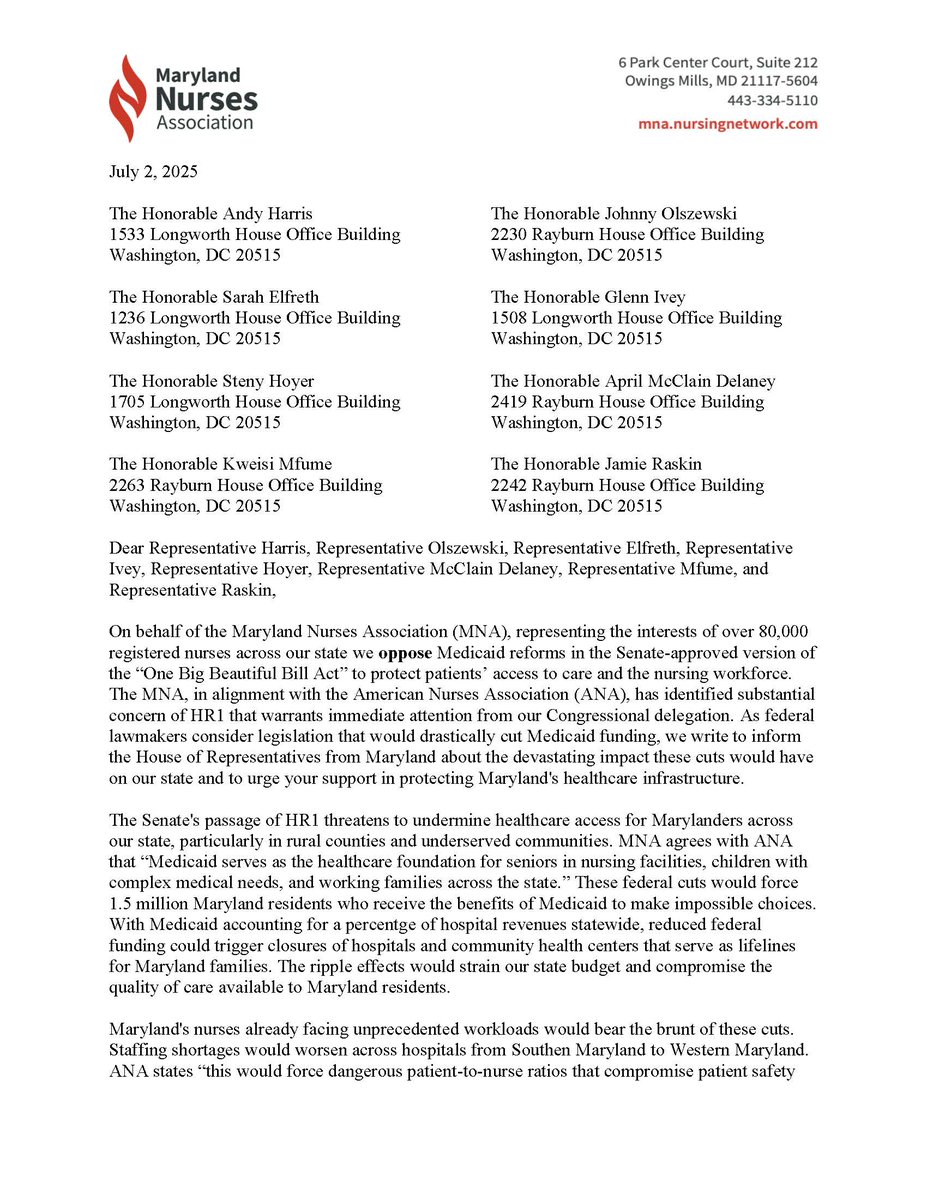 loujbartolo's tweet photo. Maryland Nurses Association sent crucial letter opposing HR1 to MD Congress Reps along with  Republican Reps. Bacon NE-2, Ciscomani AZ-6, Valadao CA-22, Kiggans VA-2, Bresnahan PA-8, Hurd CO-3 and Joyce OH-14.@fox5dc @7NewsDC @nbcwashington @wusa9 @washingtonpost @baltimoresun https://t.co/B6rK4dvvNL