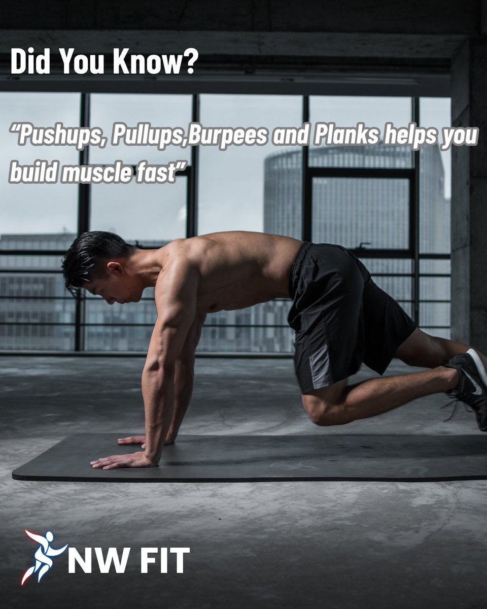 Build muscle fast with these 4 workouts:

1️⃣Pushups: Slow and controlled for best results.
2️⃣Pullups: Use bands or negatives to progress.
3️⃣Burpees: Tough, full-body, and effective.
4️⃣Planks: Tight core and glutes make it count.

👉 Ready to grow? Download NW Fit today:
