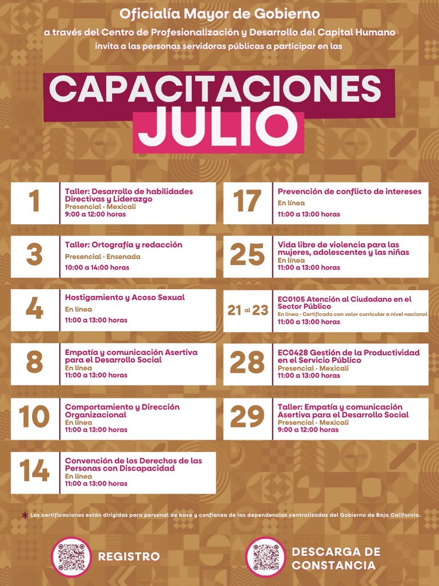 ¡Atención personas servidoras públicas 👩🏻‍💻🧑🏻‍💻!
Presentamos las capacitaciones que ofrece Oficialía Mayor de Gobierno a través de #CENPRODE para este mes de julio.