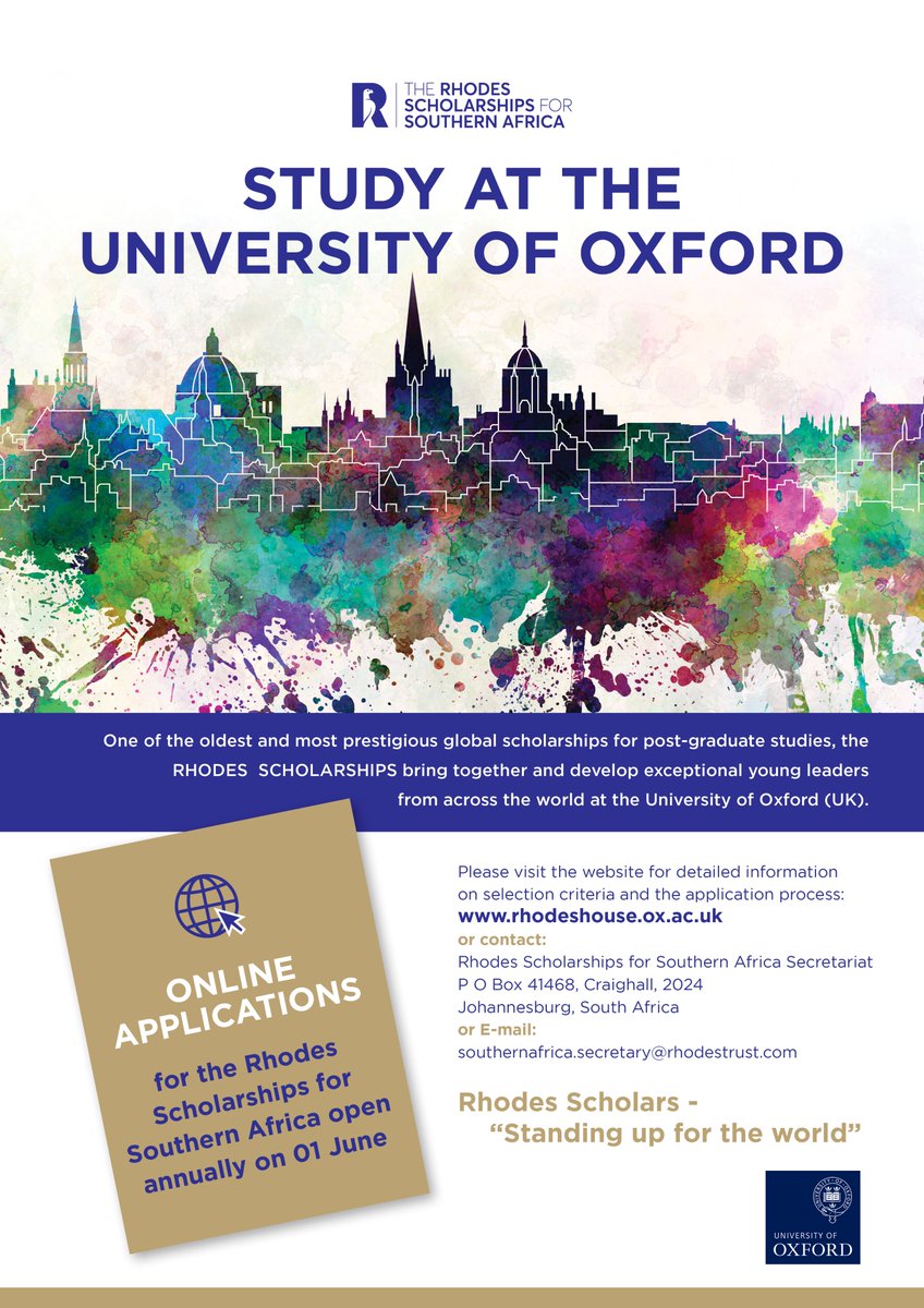#RhodesScholarships2026 for Southern Africa - applications are open and the deadline for submissions is only 4 weeks away. If you have what it takes to be a Rhodes Scholar - do not miss this life-changing opportunity. Apply today! tinyurl.com/4cwew2wu