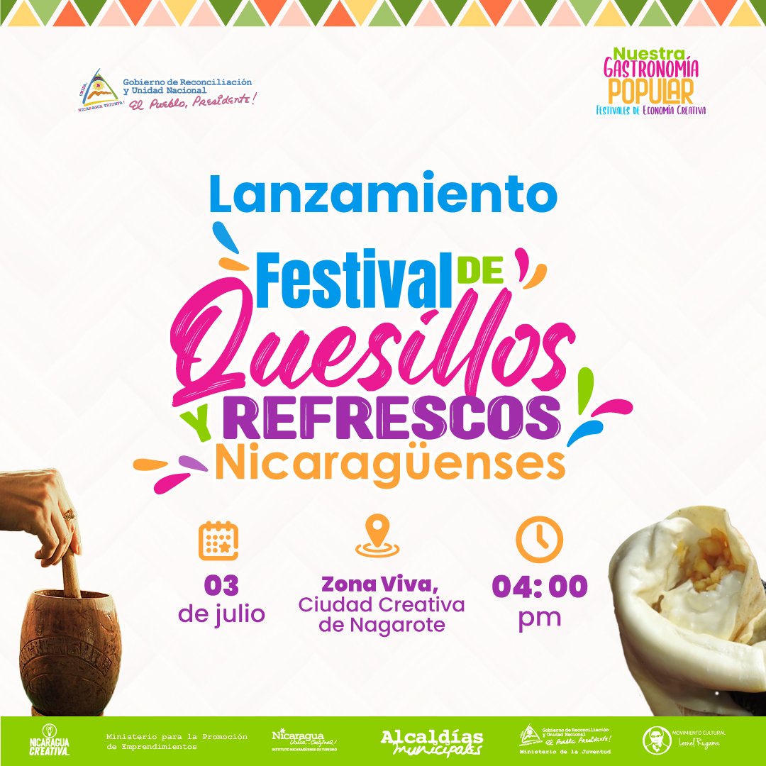 En saludo a nuestro victorioso 46/19 ¡Siempre más Allá!, realizaremos el Lanzamiento Nacional del 𝗙𝗲𝘀𝘁𝗶𝘃𝗮𝗹 𝗱𝗲 𝗤𝘂𝗲𝘀𝗶𝗹𝗹𝗼𝘀 𝘆 𝗥𝗲𝗳𝗿𝗲𝘀𝗰𝗼𝘀 𝗡𝗶𝗰𝗮𝗿𝗮𝗴ü𝗲𝗻𝘀𝗲𝘀.

#JulioVictorioso2025
#AvanzandoEnLaRevolución 
#EconomíaCreativaNicaragua
