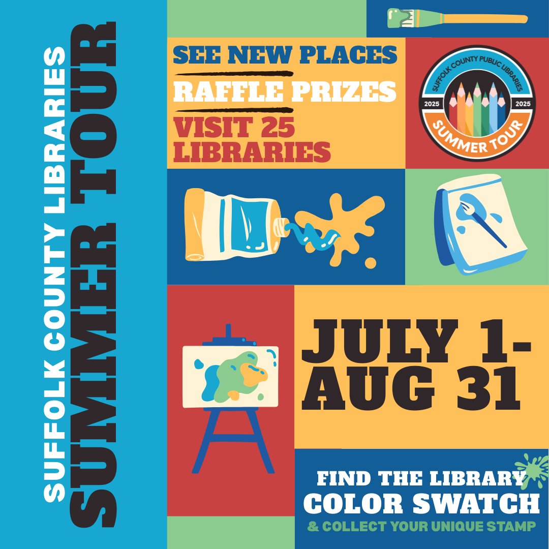 West Babylon Library (@westbabylonlib) on Twitter photo The 2025 Suffolk County Summer Tour is underway! Stop by the Library anytime between now and August 31 to find our color swatch & get your stamp! Get raffle tickets for visiting 5, 15, & 25 libraries. Be sure to tag <a href="/livebrary/">Livebrary | Suffolk County Library System</a> to share your adventures! 🖍️ The 2025 Suffolk County Summer Tour is underway! Stop by the Library anytime between now and August 31 to find our color swatch & get your stamp! Get raffle tickets for visiting 5, 15, & 25 libraries. Be sure to tag <a href="/livebrary/">Livebrary | Suffolk County Library System</a> to share your adventures! 🖍️
