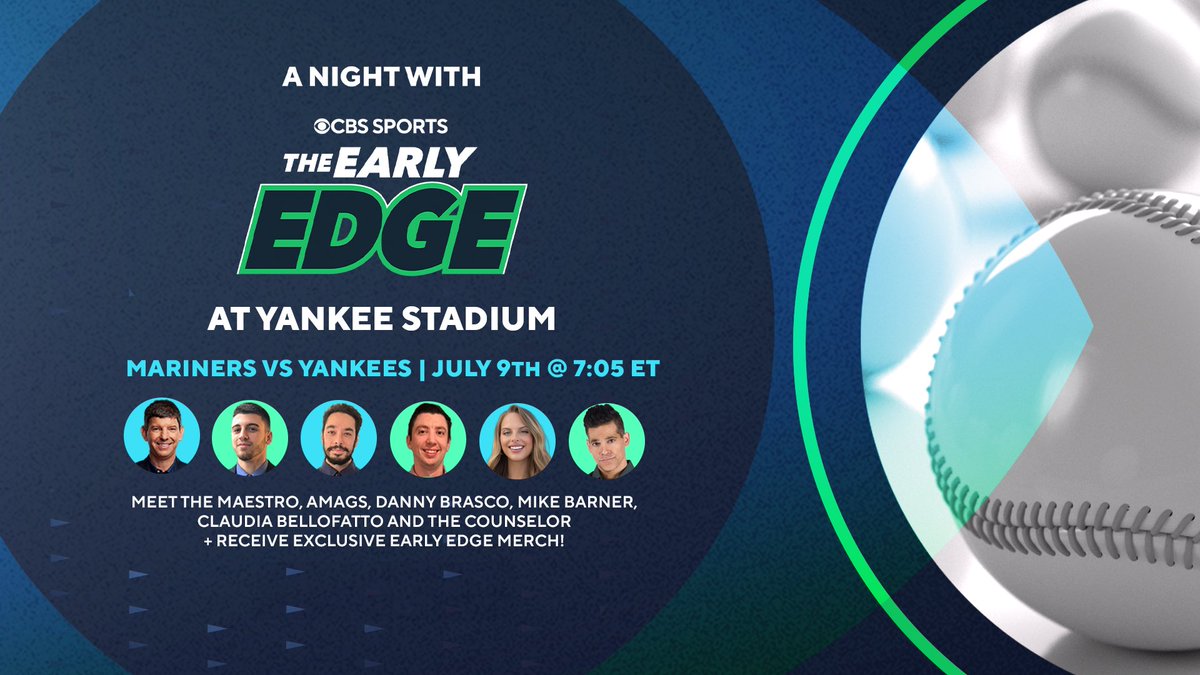 SportsLine (@sportsline) on Twitter photo July 9th: a night with The Early Edge crew at Yankee Stadium! ⚾️
First 75 fans receive EXCLUSIVE Early Edge merch 🤑gofevo.com/event/Earlyedg… July 9th: a night with The Early Edge crew at Yankee Stadium! ⚾️
First 75 fans receive EXCLUSIVE Early Edge merch 🤑gofevo.com/event/Earlyedg…
