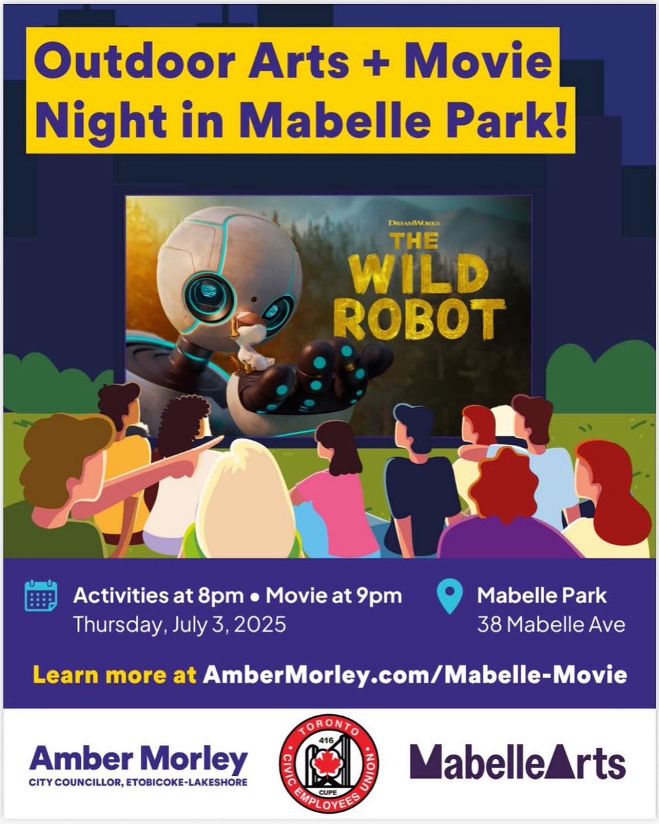 🎥 Join Local 416 tomorrow evening at Mabelle Park with Councillor Amber Morley, Ward 3 Etobicoke-Lakeshore for an outdoor movie and free kids activities. 🍿 

Bring a blanket or lawn chair and enjoy a fun family night under the stars! 

#TheWildRobot
#FreePopcorn #Etobicoke