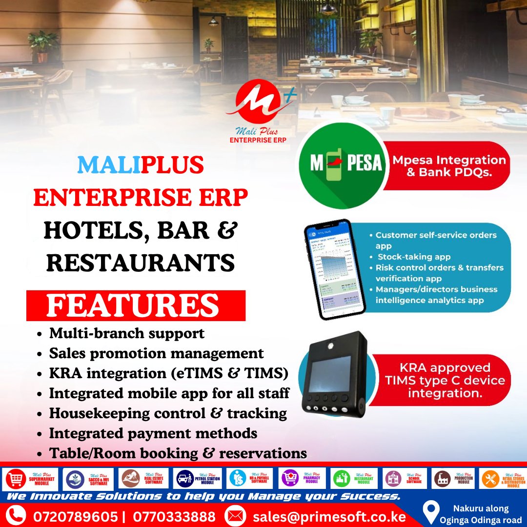MaliPlusERP's tweet image. Hotels, bars, and restaurants—manage it all from one dashboard.
MaliPlus Enterprise ERP by Primesoft Solutions simplifies operations with real-time apps, payments, and KRA integration.
#MaliPlusERP #PrimesoftSolutions #HotelManagement #KRAeTIMS #HospitalityTech #ERPForKenya