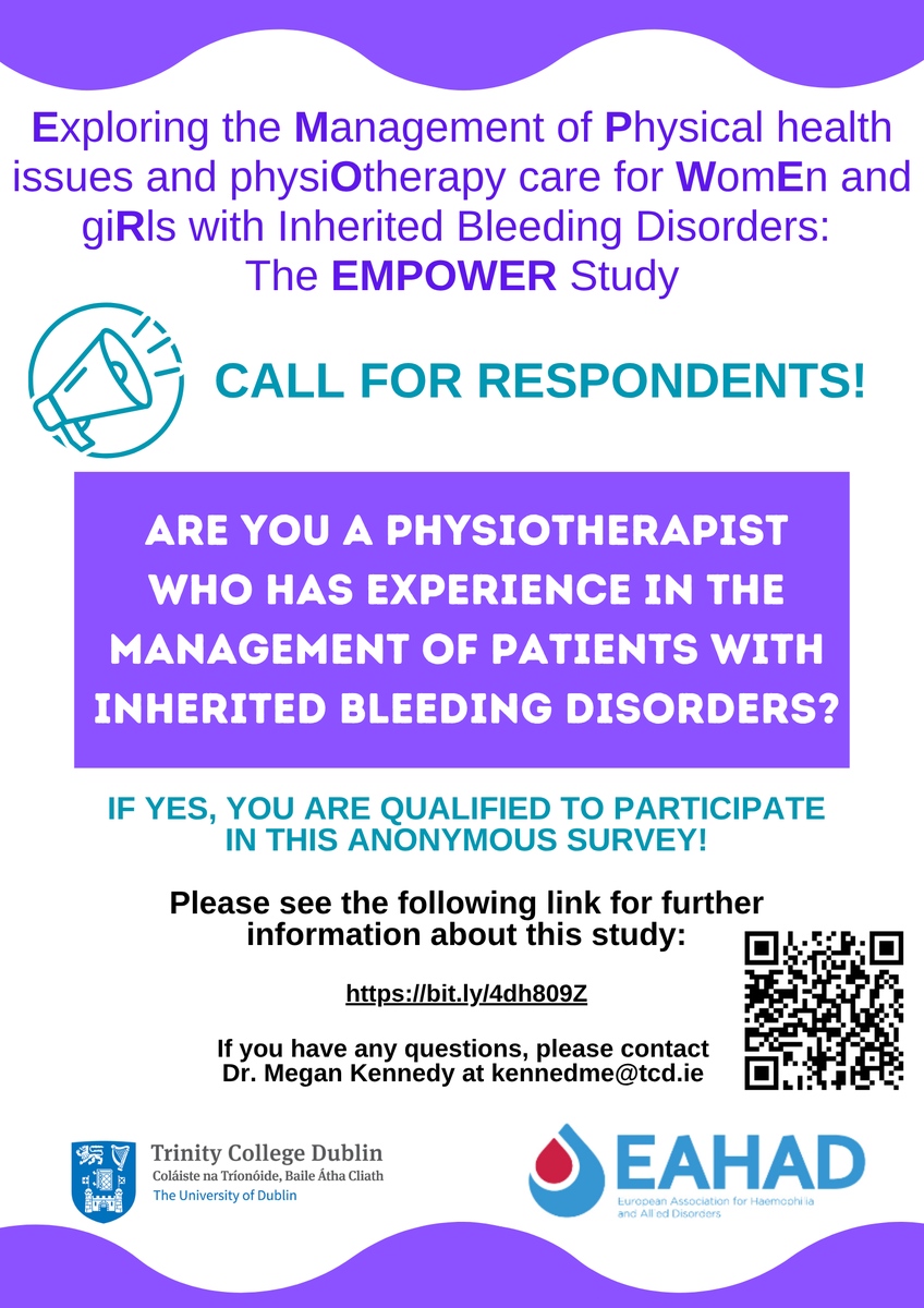 EAHAD (@eahadnews) on Twitter photo 🔍Calling all physiotherapists with experience in inherited bleeding disorders! The #EMPOWER study, led by 2024 Research Grant recipient Megan Kennedy, highlights the often-overlooked experiences of PTs caring for women and girls with BD. Take the survey: tcdhealthsciences.qualtrics.com/jfe/form/SV_3r… 🔍Calling all physiotherapists with experience in inherited bleeding disorders! The #EMPOWER study, led by 2024 Research Grant recipient Megan Kennedy, highlights the often-overlooked experiences of PTs caring for women and girls with BD. Take the survey: tcdhealthsciences.qualtrics.com/jfe/form/SV_3r…